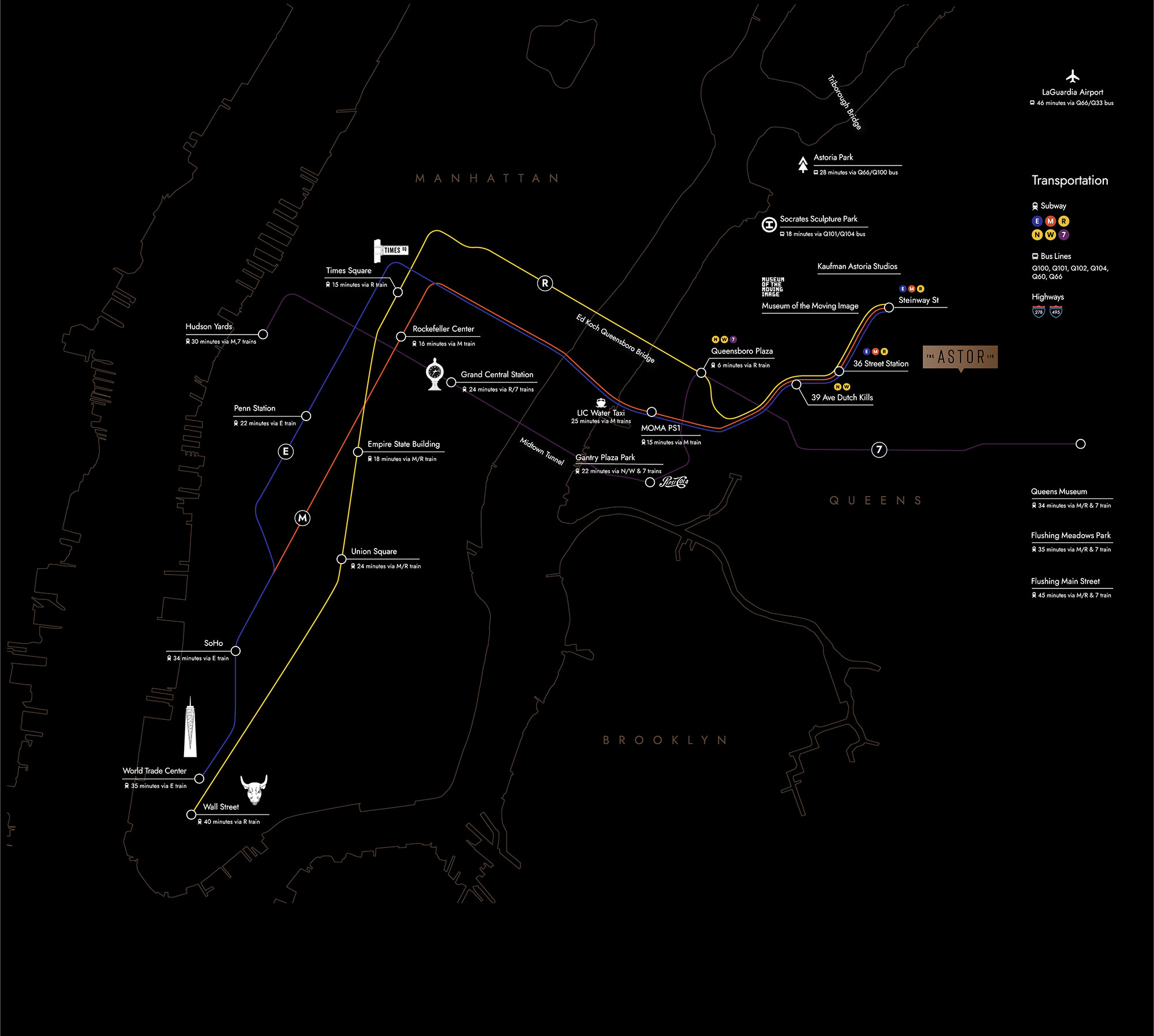 Illustrated transportation map on black background highlighting points of interest along with subway, bus and more including transportation times