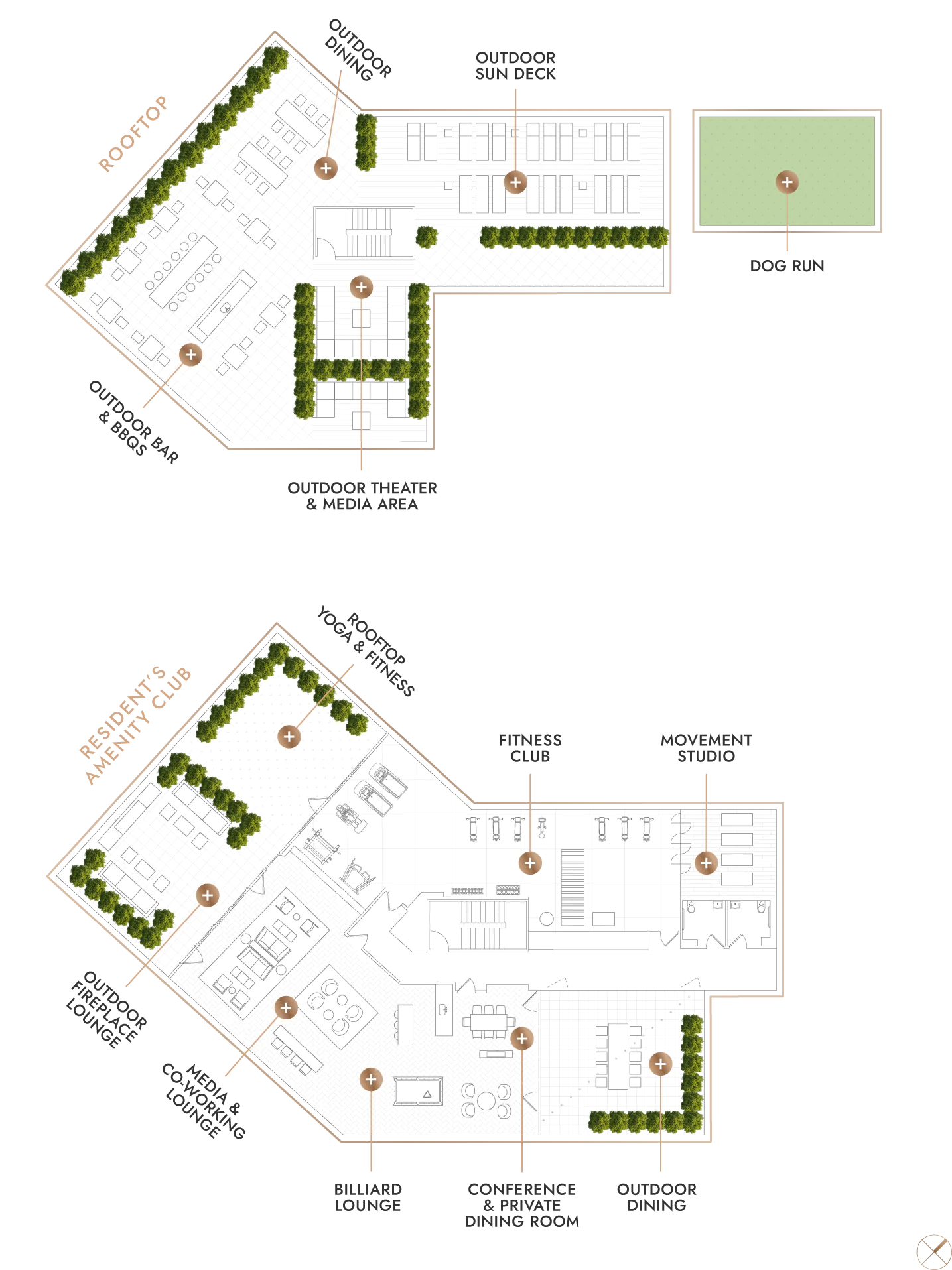 Detailed illustrated map of Amenities including rooftop areas, outdoor fiteness and lounge areas, dog run, fitness and movment centers, conference rooms, lounges and more