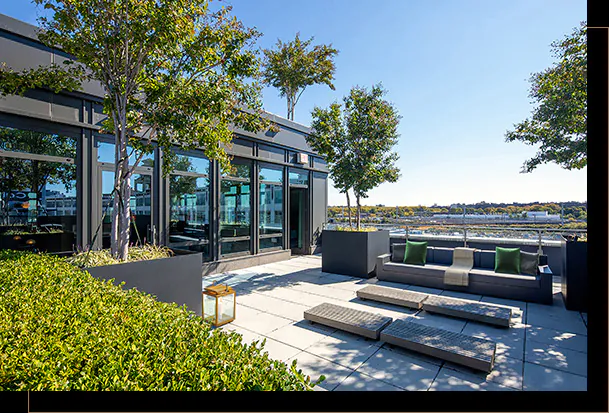 Bright, beautiful outdoor area and fireplace lounge with seating, greenery and trees
